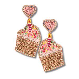 Heart Shaped Slice of BIRTHDAY CAKE Celebration Rhinestone Beaded Earrings